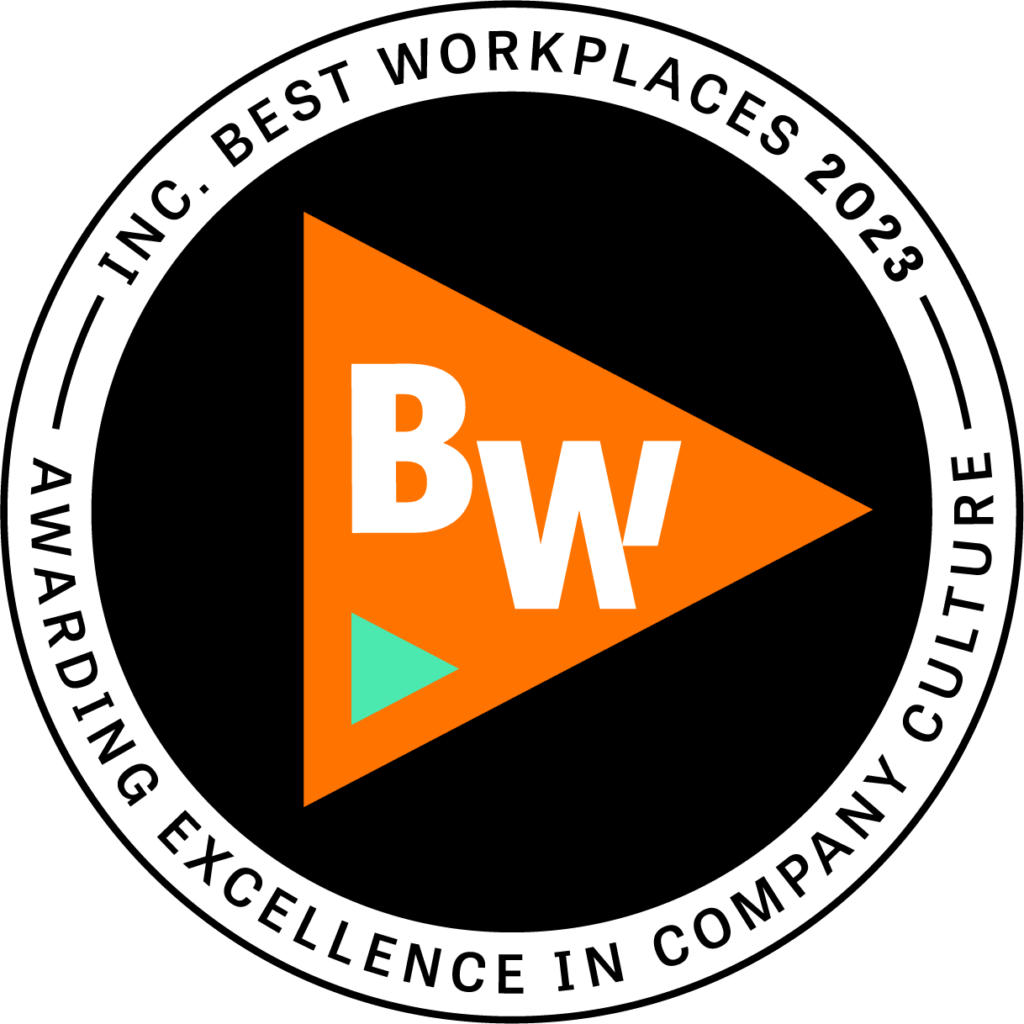 2023 Inc. Best Workplaces Medallion Logo, Awarding Excellence in Company Culture, Orange Triangle Design.