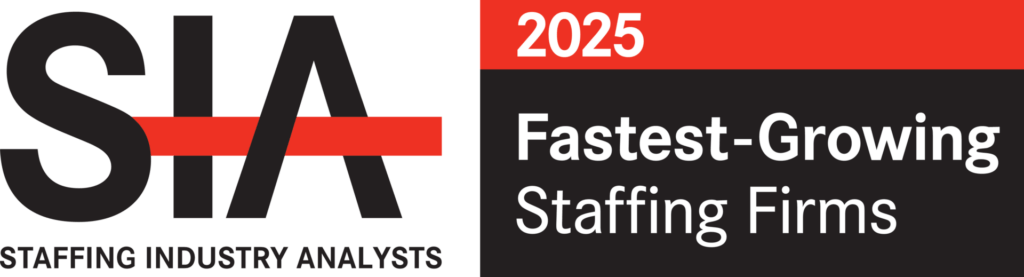 2025 SIA Fastest-Growing Staffing Firms logo, red and black design, business growth recognition.